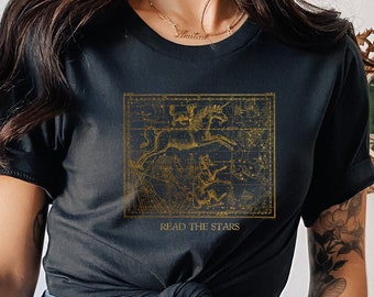 READ THE STARS Tee Shirt | Dark Academia Aesthetic | Astral Celestial Unicorn | Zodiac Constellation | Witchy Gold Graphic Mystic