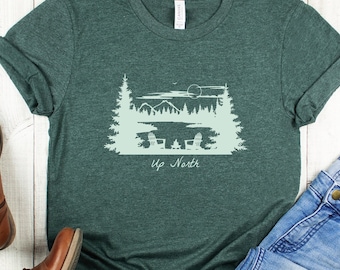 UP NORTH T Shirt Michigan Wisconsin Minnesota Great Lakes Tee Outdoors Lake Camping Hiking Wanderlust Pine Trees Adventure