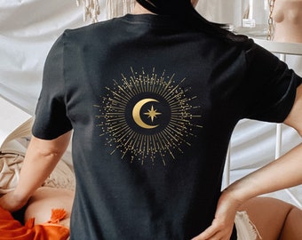 Camiseta Gold Sun Moon Stars, Ropa Oscura de la Academia, Camisa Mística, Camiseta Mágica, Celestial Cosmic, Camisa Boho, Moon Child, Fases de la Luna