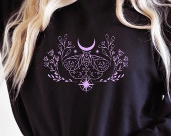 Mystic Moth Sweatshirt, Moth and Moon Design, Floral Moth, Botanical Moth, Boho Magic, Crescent Moon, Cottagecore Dark Academia Aesthetic