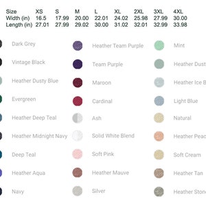 Puede incluir: Tabla de tallas para camisetas con medidas en pulgadas. La tabla muestra el ancho y la longitud de las camisetas en tallas XS a 4XL. La tabla tambi&eacute;n muestra las opciones de color para las camisetas, incluyendo Gris oscuro, Negro vintage, Azul bruy&egrave;re, Verde esmeralda, Azul sarcelle bruy&egrave;re, Azul marino bruy&egrave;re, Azul sarcelle, Aqua bruy&egrave;re, Azul marino, P&uacute;rpura de equipo bruy&egrave;re, P&uacute;rpura de equipo, Marr&oacute;n, Cardenal, Ceniza, Mezcla de blanco s&oacute;lido, Rosa suave, Malva bruy&egrave;re, Plata, Menta, Azul hielo bruy&egrave;re, Azul claro, Natural, Melocot&oacute;n bruy&egrave;re, Crema suave, Bronceado bruy&egrave;re y Piedra bruy&egrave;re.