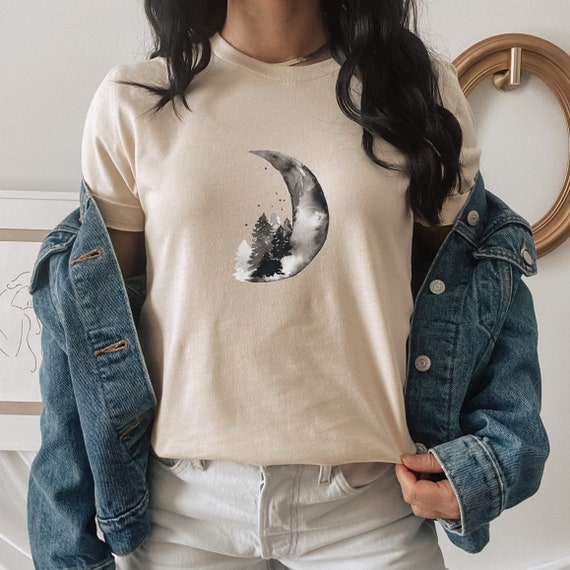 Moon T Shirt, Crescent Moon Shirt, Boho Moon and Trees Shirt, Gift for Nature Lover, Gift for Her or Him, Cottagecore Clothes, Mystical Moon