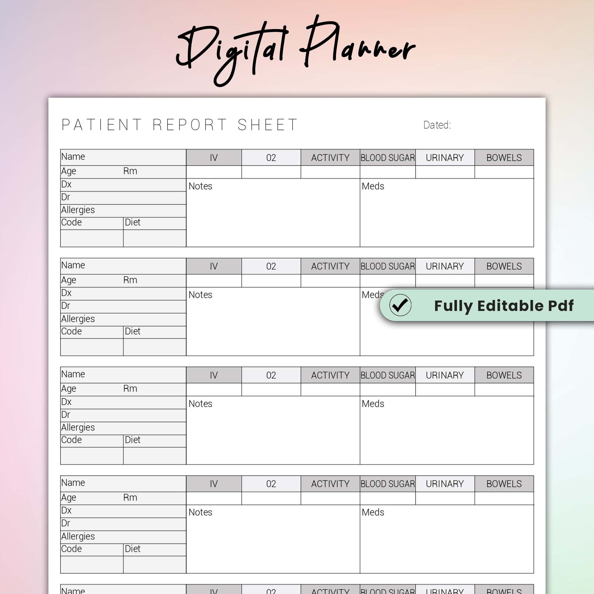 Editable and Printable Patient Report Sheet, Patient Record, Patient ...