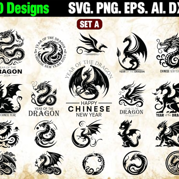 60 Dragons Svg Bundle, Dragon Cut File, Dragon svg, Dragon Clipart, Dragon Silhouette, Zodiac Dragon svg, Dragons png, Chinese New Year Svg