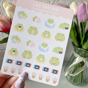 Lazy Frog Days Sticker Sheet / Kawaii Journal Deco Bujo Planer süßer Anime Polco Illustration Kunst Vinyl Kiss Cut Pastell Briefpapier