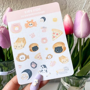 Folha adesiva de comida de gatinho/kawaii diário deco bujo planejador fofo anime polco ilustração arte vinil beijo corte pastel papelaria gato