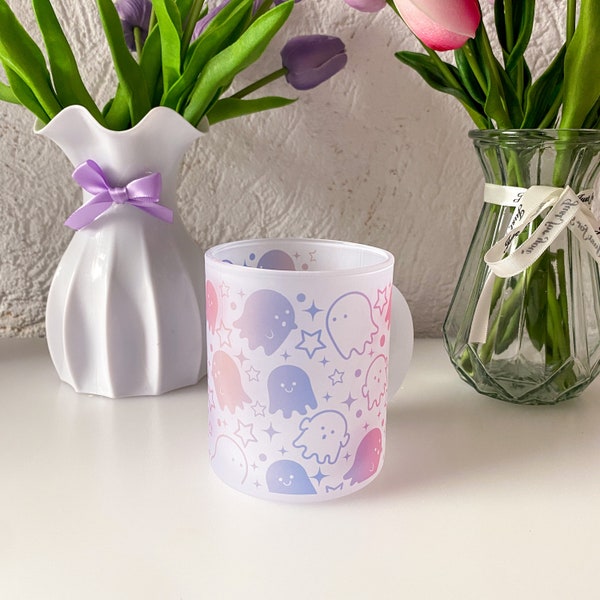 Frosted cute ghost Mug / sublimation hot press goth fall cozy cup can glass kawaii vinyl uv dtf transfer drink custom customized handmade