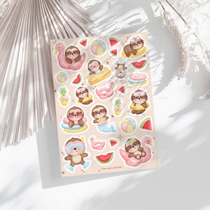 Hoja de pegatinas de perezoso de verano, Pegatinas de diario, Pegatinas de planificador, Pegatinas de álbumes de recortes, Pegatinas bonitas, Ilustración, Verano, Calendario