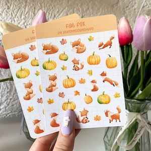 Feuille d'autocollants renard automne / journal kawaii déco bujo planner, anime mignon polco illustration art vinyle baiser coupe papeterie pastel chat