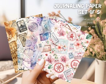 トラベルスタンプペーパーセット | スクラップブックページ、ジャンクジャーナル、クラフトペーパー、都市、日本、イタリア
