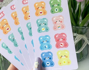 Caring Bears Sticker Sheet / kawaii Journal deco bujo niedlich anime polco Illustration Kunst Vinyl Kiss Cut pastell Briefpapier Katze