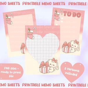 May include: Three printable Christmas-themed memo sheets with a pink and white color scheme. The sheets feature a stocking, a heart, and a gift box with a bunny. The text "TO DO" is on one of the sheets. The text "3 Versions Included" is on a pink heart.