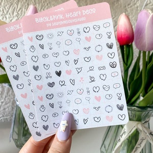 Zwart-roze hart deco stickervel / kawaii dagboek deco bujo planner schattig anime polco illustratie kunst vinyl kus gesneden pastel briefpapier