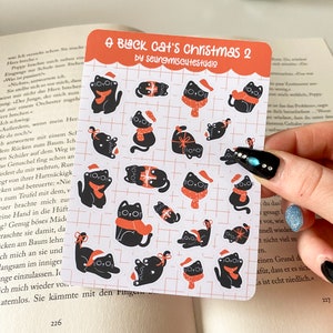 Foglio di adesivi di Natale gatto nero 2 / kawaii journal deco bujo planner carino anime polco illustrazione vinile kiss cut pastello cancelleria animale