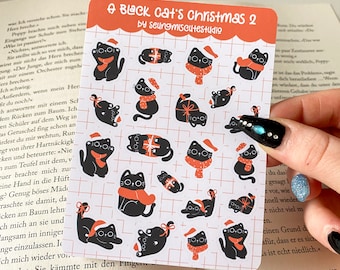 Black Cat Christmas 2 Sticker Sheet / Kawaii Journal Deco Bujo Planer süße Anime Polco Illustration Vinyl Kiss Cut Pastell Briefpapier Tier