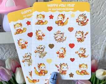 Neujahr 2024 Drachen StickerBogen / Kawaii Journal Deko Bujo Planer süßer Anime Polco Illustration Kunst Vinyl Kiss Cut Pastell Briefpapier Katze