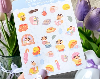 Fun On Rainy Days Sticker Sheet / Kawaii Journal Deco Bujo Planer süßer Anime Polco Illustration Kunst Vinyl Kiss Cut Pastell Briefpapier