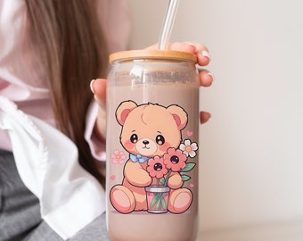 Süßer Teddy 2 Glas Becher 16oz (~473ml) / kawaii Getränke Becher Wasserflasche Glas Wohndekor Bär Tier Blumen Dessert Ästhetik Becher