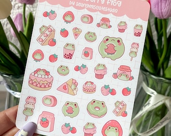 Strawberry Frog Sticker Sheet / kawaii journal deco bujo planner cute anime polco illustration art vinyl kiss cut pastel stationery cat