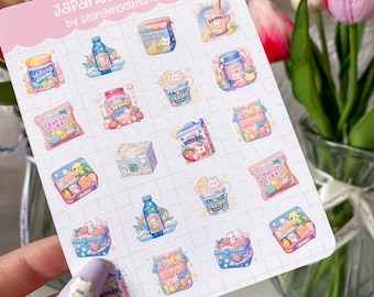 Japanische Snacks Sticker Sheet / Kawaii Journal Deco Bujo Planer niedliche Anime Polco Illustration Kunst Vinyl Kiss Cut Pastell Briefpapier Tier