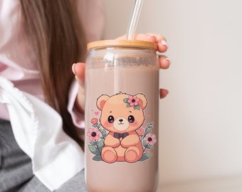 Niedlicher Teddybär 1 Glasbecher 16oz (~473ml) / kawaii trinkt Becher Wasserflasche Glas Wohndekor Bär Tier Blumen Dessert Ästhetik Becher