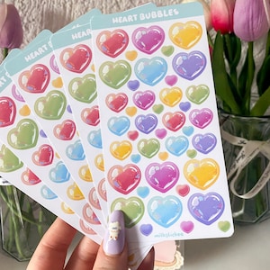 Hoja de pegatinas de burbujas de corazón / diario kawaii deco bujo planificador lindo anime polco ilustración arte vinilo beso cortado pastel papelería gato