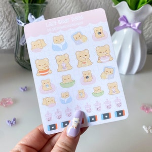 Hoja de pegatinas de Lazy Bear Days / diario kawaii, decoración, bujo, planificador, lindo anime, ilustración, arte, vinilo troquelado, pastel, papelería