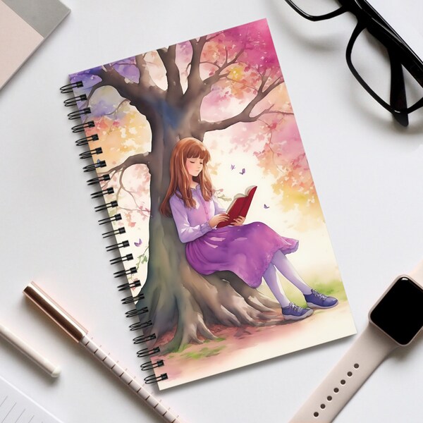 Girl reading a book spiral notebook DIFFERENT INSERTS / cute stationery journal bujo planner dot grid blank kitten animal sticker kawaii