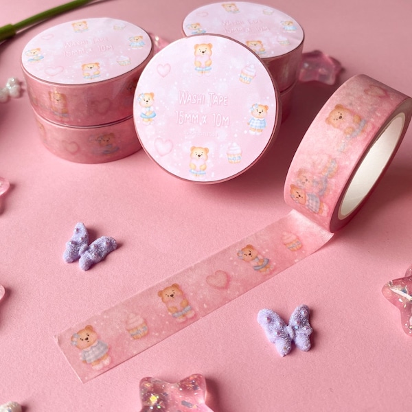Süßes Bär Washi Tape / süßes kawaii Journaling Masking Tape Schreibwaren ästhetisches Anime Kpop Bujo Glitzer Holo Geschenk handmade