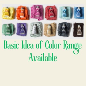 May include: A variety of fabric dye colors in small bottles, arranged in a grid pattern on a white background. The text "Basic Idea of Color Range Available" is displayed below the bottles.