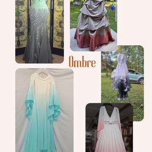 May include: Four different ombre dresses in various colors, including gray, pink, blue, and white. The dresses are all on mannequins and are displayed against a variety of backgrounds. The word "Ombre" is written in brown text at the bottom of the image.