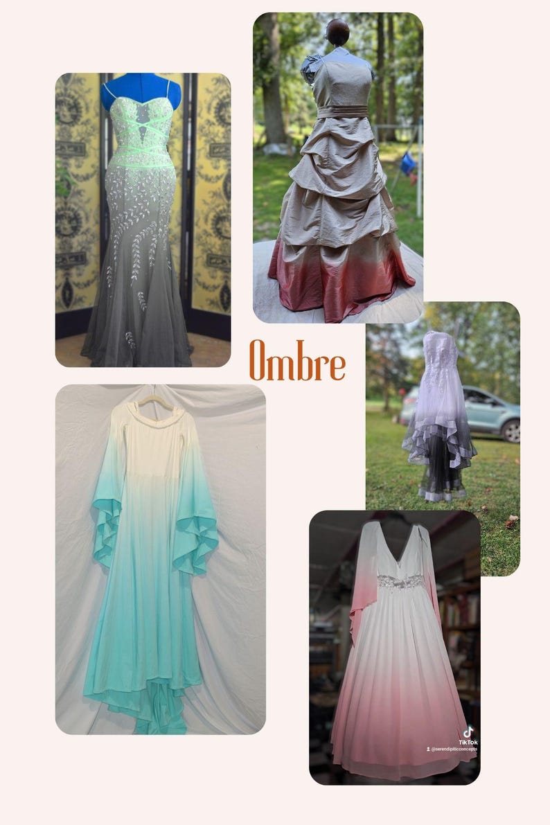 May include: Four different ombre dresses in various colors, including gray, pink, blue, and white. The dresses are all on mannequins and are displayed against a variety of backgrounds. The word "Ombre" is written in brown text at the bottom of the image.