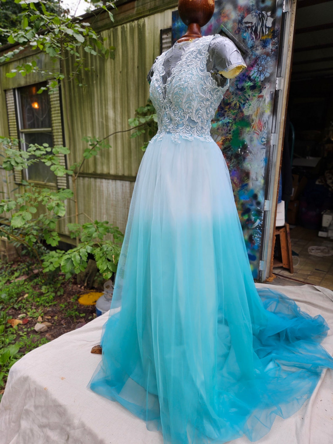 Altered Wedding Dress Teal Ombre Blue Ombre Fantasy Gown Upcyled Dip ...