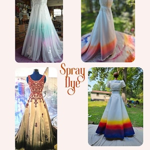 May include: Four different dresses with ombre spray dye designs. The dresses are all white with different colored dye patterns. The text "Spray Dye" is written in brown on a white background.