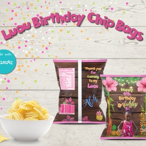 Editable Luau Birthday Chip Bags, Luau Chip Bags, Luau Birthday Party, Birthday Celebration, Hawaiian Birthday Party, Printable Template