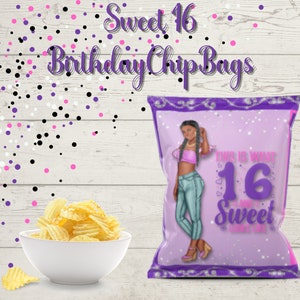 Editable Sweet 16 Birthday Chip Bag, Sweet Sixteen Birthday, Party Favors, Custom Chip Bag