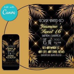 Black & Gold Sweet 16 Invitation: Tufted Design (Digital Download)