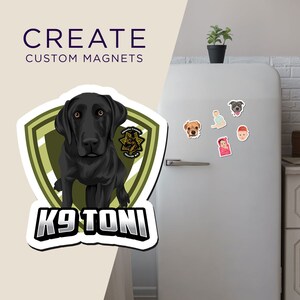 May include: A black Labrador Retriever with a green and white shield behind it. The shield has a gold star with a black dog inside. The text "K9 Toni" is below the dog. The image is a custom magnet.