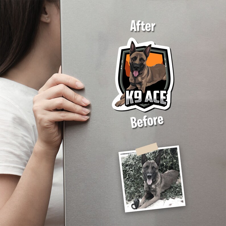 May include: A before and after image showing a custom dog portrait. The before image shows a photo of a German Shepherd dog lying down. The after image shows a cartoon illustration of the dog in a shield with the text "K9 ACE".
