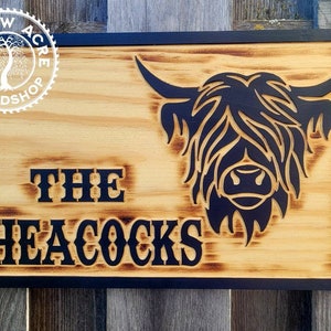 Highland Cow(with burned look)with last name or other text CNC Carved Sign/Door Hanger 12x18