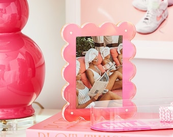 Neon Hot Pink Scalloped Acrylic Picture Frame | Freestanding with Gold Magnets (Holds 4x6 or 5x7 photo) Great for decor, keepsake, gifting