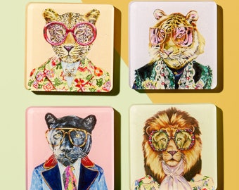 Designer Big Cats Acrylic Drink Coasters - Coffee Table, Bar Cart, Desk Accessory, Birthday, Designer Animals, Heather Perry