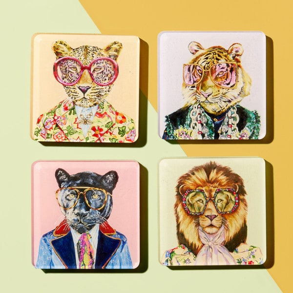 Designer Big Cats Acrylic Drink Coasters - Coffee Table, Bar Cart, Desk Accessory, Birthday, Designer Animals, Heather Perry