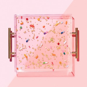 Large Acrylic and Resin Tray with Gold Handles | Colorful REAL Pill Capsules and Gold Flake - Perfect for catch-all, desk, gifts, bar carts