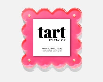 Neon Pink Mini Scalloped Acrylic Picture Frame | Freestanding with Gold Magnets (Holds 3x3 or 4x4 photo) Great for decor, keepsake, gifting