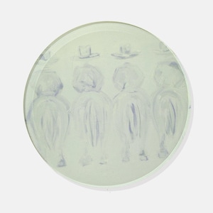 May include: Round, light green decorative plate with a painted image of four figures wearing hats. The figures are depicted in a minimalist style with blue and white brushstrokes, suggesting a Western theme.