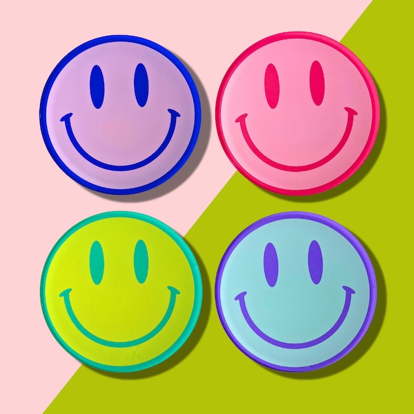 Colorful All Smiles Smiley Faces (Set of 4) Acrylic Drink Coasters | Coffee Table, Bar Cart or Desk Accessory, Birthday or Host Gift