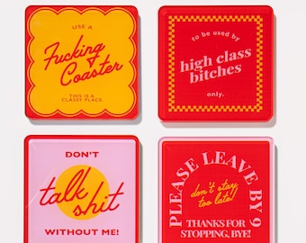 Red Snarky Coaster Set (Set of 4) Acrylic Drink Coasters | Coffee Table, Bar Cart or Desk Accessory, Birthday Gift