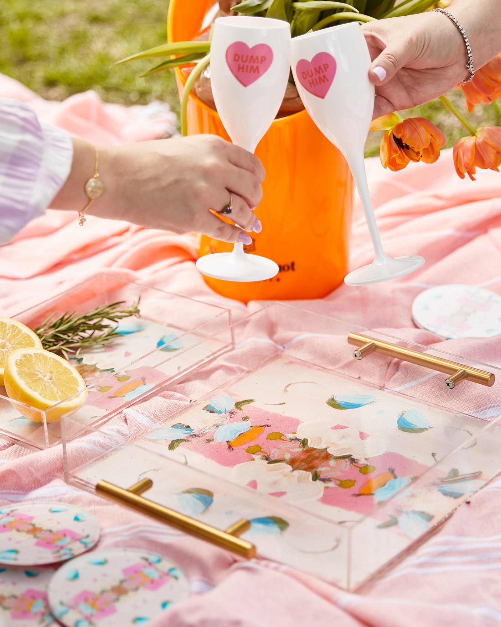 Acrylic Tray in Pink Dot World with Brass Handles main image 1