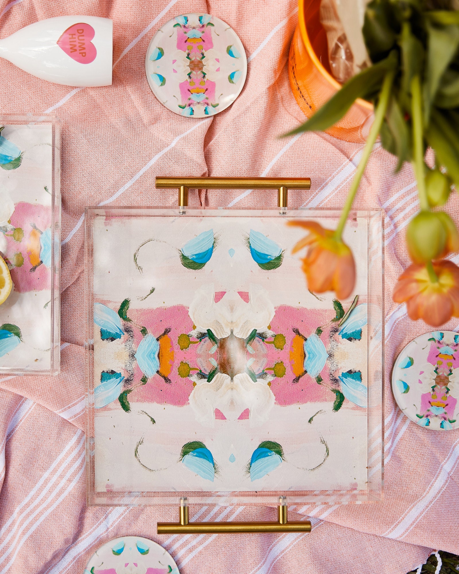 Acrylic Tray in Pink Dot World with Brass Handles